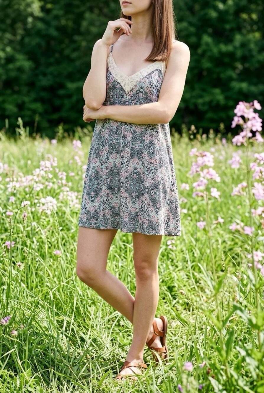 About a Girl Size M Geometric Print Lace Trim Cami Dress item 138